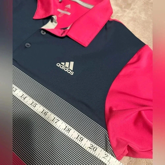 Adidas Golf Polo Men’s Size Medium Pink Blue Striped - Picture 4 of 5